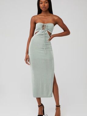Strapless Sage Green Tie-Front Cutout Midi Dress